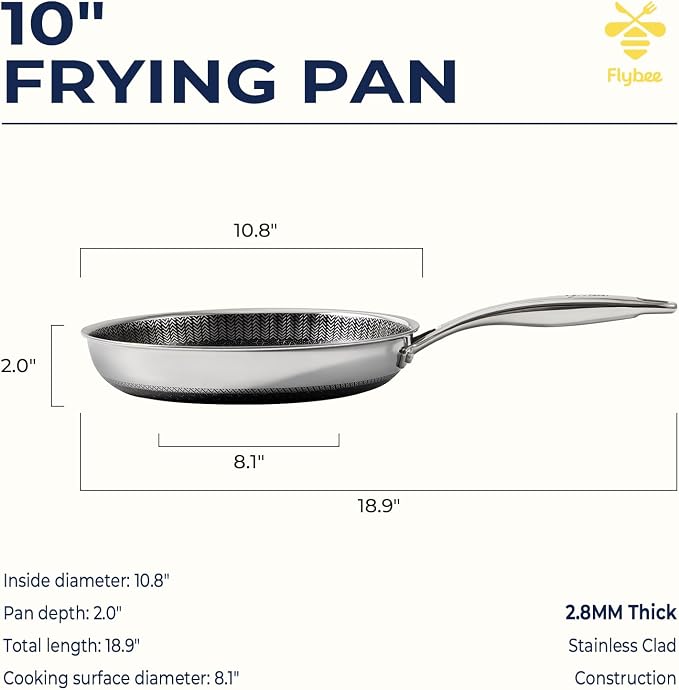 10 Inch Hybrid Nonstick Frying Pan, Tri-Ply Stainless Steel Pan with Non-Toxic Ceramic Coating, FDA Compliant & PFAS-Free, Dishwasher & Oven Safe, Induction & All Cooktops Compatible