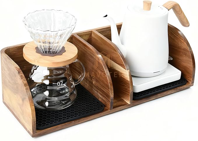 Acacia Coffee Bar Station Organizer Stand Caddy for Chemex Pour Over Maker | Coffee Paper Filter Holder for Countertop Wood Caddy Storage Organizer for Chemex Bodum Cosori Coffee Maker with silicone Pad
