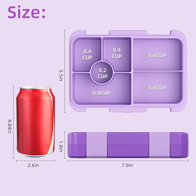 Bento Lunch Box for Kids, 5/6 Compartments, 3 Cups, Purple | Dishwasher Safe, Back to School Snack Bento Lunch Containers Boxes, Ideal Portion Sizes for On-the-Go Meal, Ages 3+, School