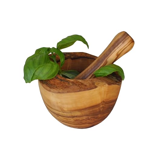 Olive Wood Rustic Mortar and Pestle - 5.5". Large Size Mortar and Pestle Set for Grinding Herbs, Spices, Salsa etc. Handcrafted. Natural Edging.