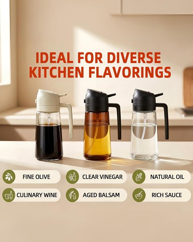 16oz/470ml Oil Sprayer for Cooking, 2 in 1 Oil Dispenser for Kitchen, Olive Oil Sprayer, Food Grade Glass Bottle for Kitchen Gadgets, Air Fryer Accessories, Salad, BBQ (Black)