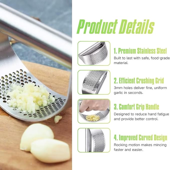 Garlic Press Rocker, Stainless Steel Garlic Mincer and Heavy Duty Stainless Steel Garlic Press Garlic Crusher,mincer tool Easy-Squeeze Garlic Tool with Peeler Cleaning Brush for Smashing Garlic