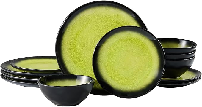 12-Piece Dinnerware Set for 4, Ice Crackle Glaze Plates & Bowls | Gradient Green to Black Ombre Dinner Dish Set, Microwave, Dishwasher & Oven Safe, Unique Holidays & Weddings Gift