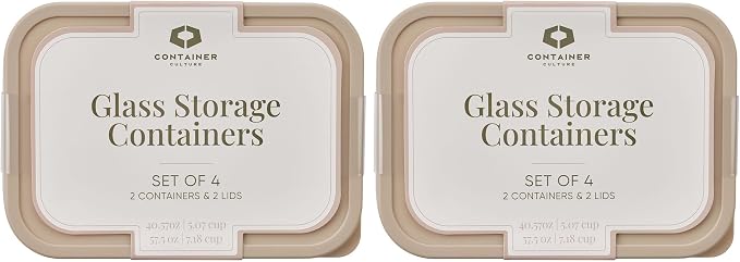 Glass Food Storage Containers with Lids — 8 Piece — 57.5 oz & 40.57 oz Glass with BPA-Free Leakproof Stackable Lids — Microwave, Oven & Dishwasher Safe — Ideal for Meal Prep & More - Cashew Cream