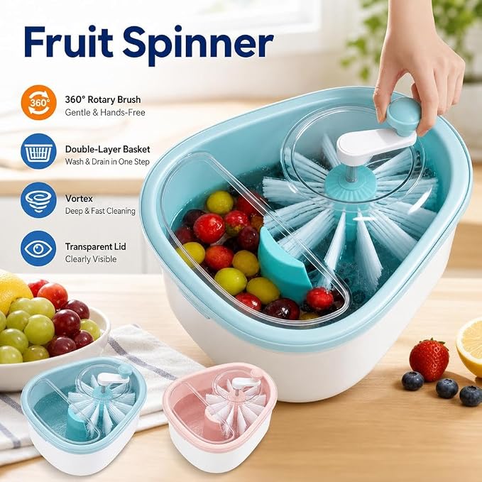 Fruit Cleaner Spinner,Manual Berry Washer Bowl and Spinner w/Brush(A) | Vegetable Washer Salad Cleaner with Crank Handle,Large Cleaning Bowl for Fruits, Vegetables and Salad, Produce Scrubber