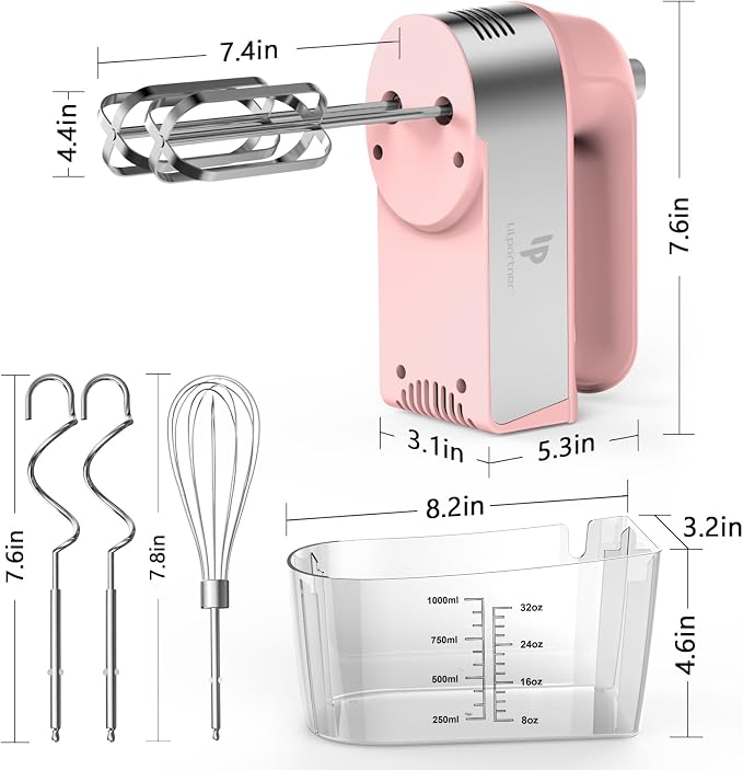 Hand Mixer Electric, 450W Kitchen Mixers with Scale Cup Storage Case, Turbo Boost/Self-Control Speed + 5 Speed + Eject Button + 5 Stainless Steel Accessories, For Easy Whipping Dough, Cream, Pink