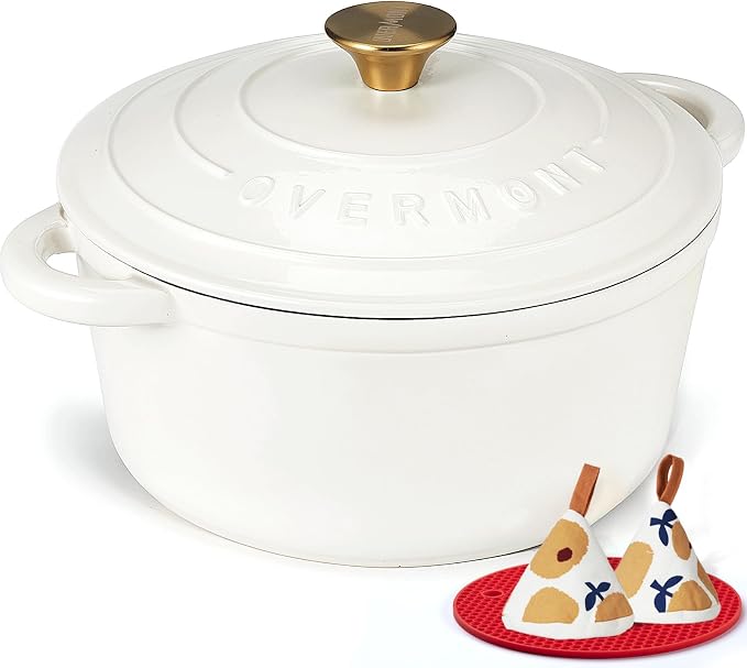 Overmont Enameled Cast Iron Dutch Oven - 7QT Pot with Lid Cookbook & Cotton Potholders - Heavy-Duty Cookware for Braising, Stews, Roasting, Bread Baking PearlWhite