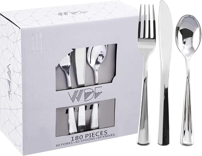180 Pieces Silver Plastic Silverware - Silver Plastic Cutlery - Fancy Plastic Silverware Heavy Duty - 60 Forks 60 Knives 60 Spoons - Disposable Plastic Utensils Perfect for Party Wedding