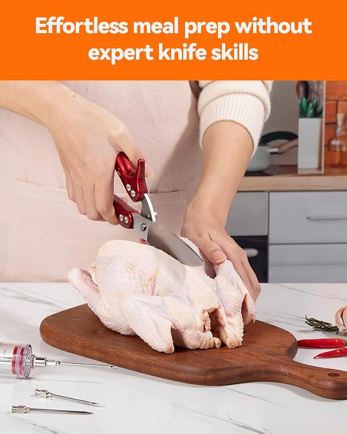 Brigii Kitchen Shears, Heavy Duty Poultry Shears, Detachable Scissors | Detachable blades, 304 stainless steel, built-in spring, safety lock, cuts bone, chicken, turkey, fish, seafood, Red
