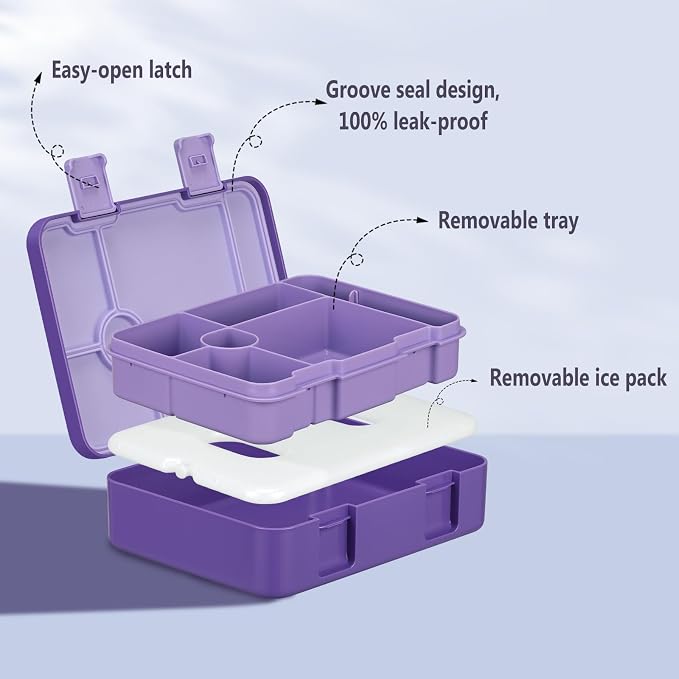 JOOPETALK Chill Bento Lunch Box for Kids Adult with Ice Pack,6-Compartment Reusable Leak-proof Lunch Container for Girls Boys to School,Keep Food Cold&Fresh,Dishwasher & Freezer Safe