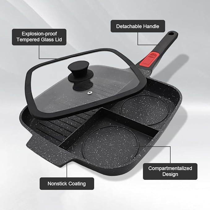 Nonstick 3 Section Grill Pan for Stove Tops, Black | Detachable Handle, Versatile Griddle Pan with Lid, Square Skillet PFOA Free