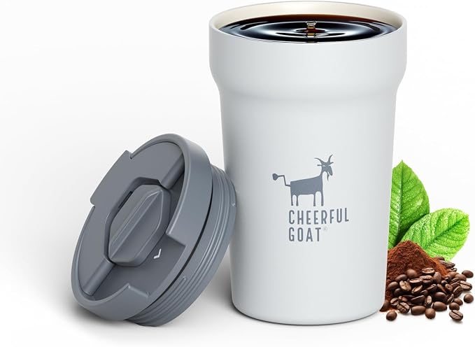 CHEERFUL GOAT Travel Coffee Mug – Stainless Steel Ceramic Lined Mug Insulated Tumbler, with lid, 12oz Leak Proof Cup for Hot and Cold Water Coffee at Home, Office, or On the Go (Grey)
