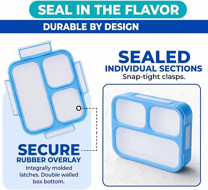 Bento Lunch Box Kids & Adults, Lunch and Snack Containers for Boys & Girls with 3 Compartments - School, Work Daycare, Meal Planning Portion Control Container, BPA-Free Boxes, Utensils, Blue 1 pack