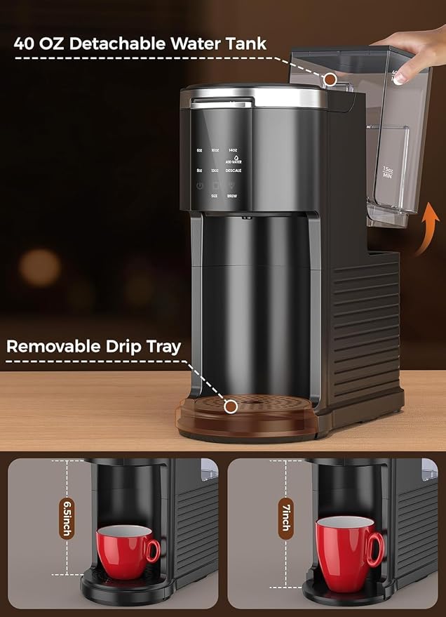 Electactic LED Single Serve Coffee Maker for KCup Pods & Ground Coffee | 2 in 1 coffee machine, 40oz removable water tank, 5 brew sizes 6–14oz, fast heating & self-cleaning for home and office