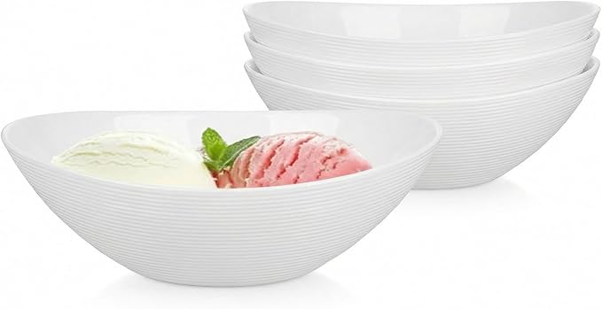 12 OZ Ice Cream Bowl Set of 6, 6 Inch White Opal Glass | Oval dessert bowls with microwave & dishwasher safe design, perfect for breakfast, snacks, fruit and side dishes