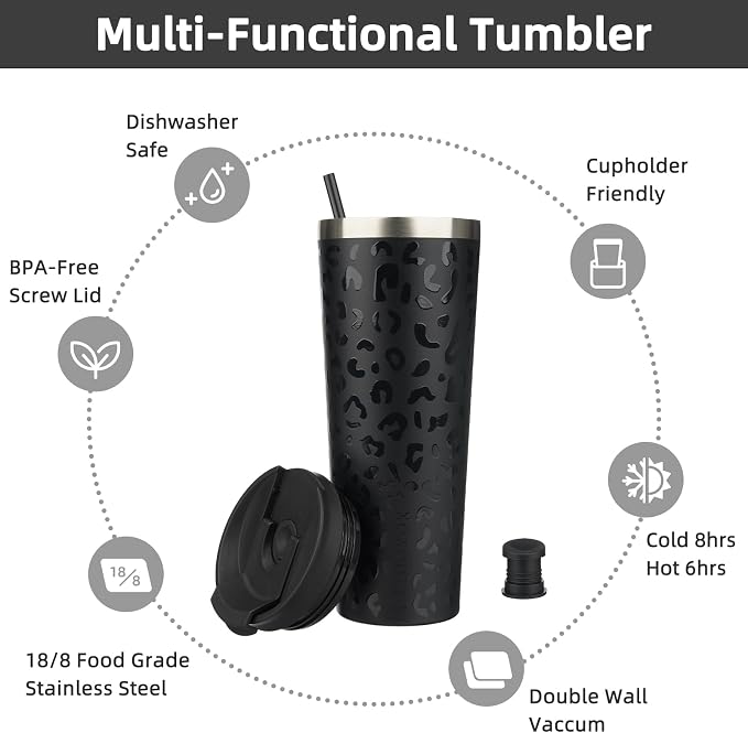 BJPKPK 26 oz Coffee Tumbler with Straw, Insulated Stainless Steel Cup | Double Wall Vacuum, Leak Proof Lid, Keeps Hot/Cold/Iced, BPA Free, Travel & Outdoor, Black Leopard