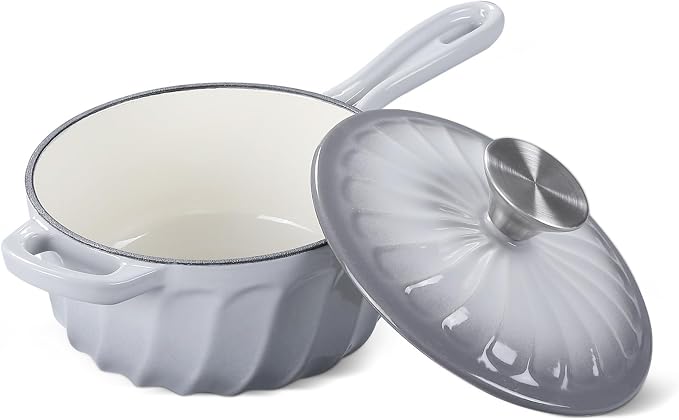 Enameled Cast Iron Sauce Pan with Lid, 2 Quart Saucepan with Lid | Dutch Oven with Lid, Small Cast Iron Pot for Cooking Pasta, Soup, Milk, Induction & Oven Safe Up to 500°F, Light Gray