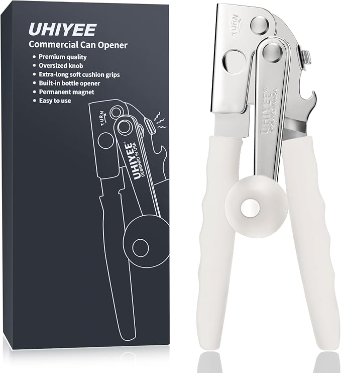 UHIYEE Commercial Can Opener Heavy Duty, Hand Crank for Large Cans, White | Manual Can Opener, High-Carbon Blade, Extra-Long Handle, Oversize Knob, Built-in Magnet & Bottle Opener, For #10 Cans
