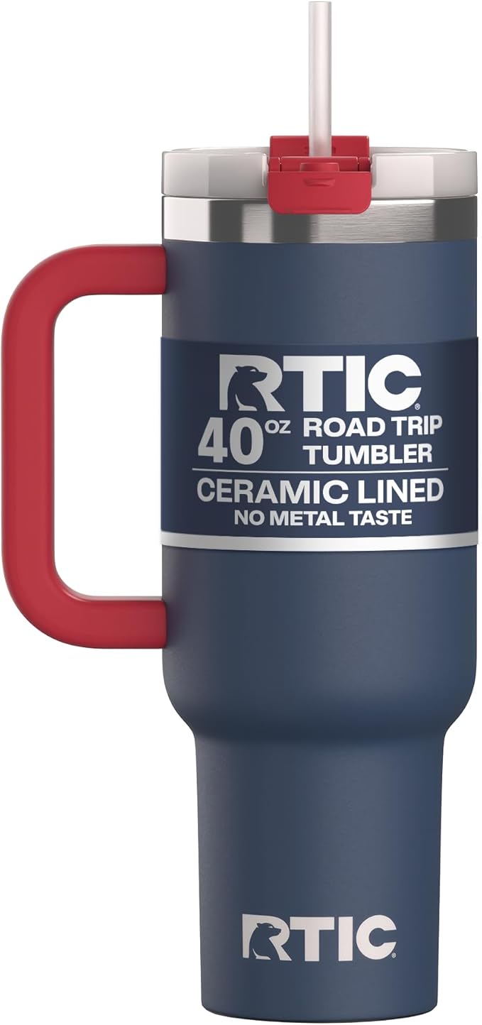RTIC 40oz Road Trip Tumbler, Insulated, Ceramic Lined, Patriot | with Lid, Handle and Straw, Stainless Steel Metal Cup, Portable for Hot and Cold Drinks, Coffee, Car, Camping, Travel
