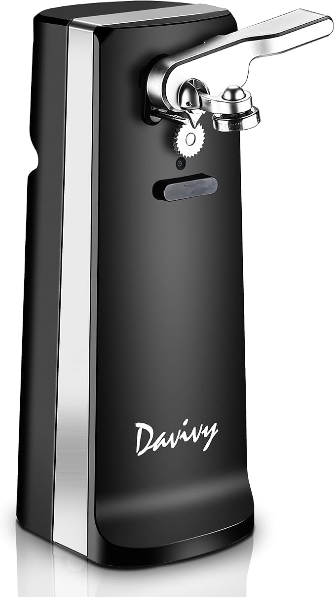 Davivy Electric Can Opener, One Touch Lid Opener, Removable Stainless Steel Cutter and 3-in-1 Design, with Sharpener and Bottle Opener (Black)