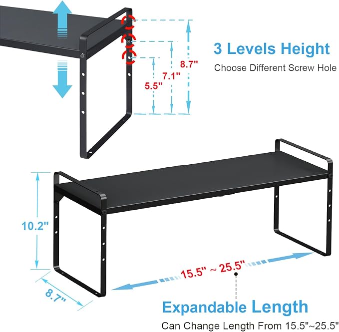 15.5 to 25.5 Inch Expandable Kitchen Cabinet Organizer Shelf, 2 Pack 30 LBS Heavy Duty Adjustable Kitchen Counter Storage Shelves Organizers,Stackable Small Storage Shelf Rack For Cabinet Cupboard