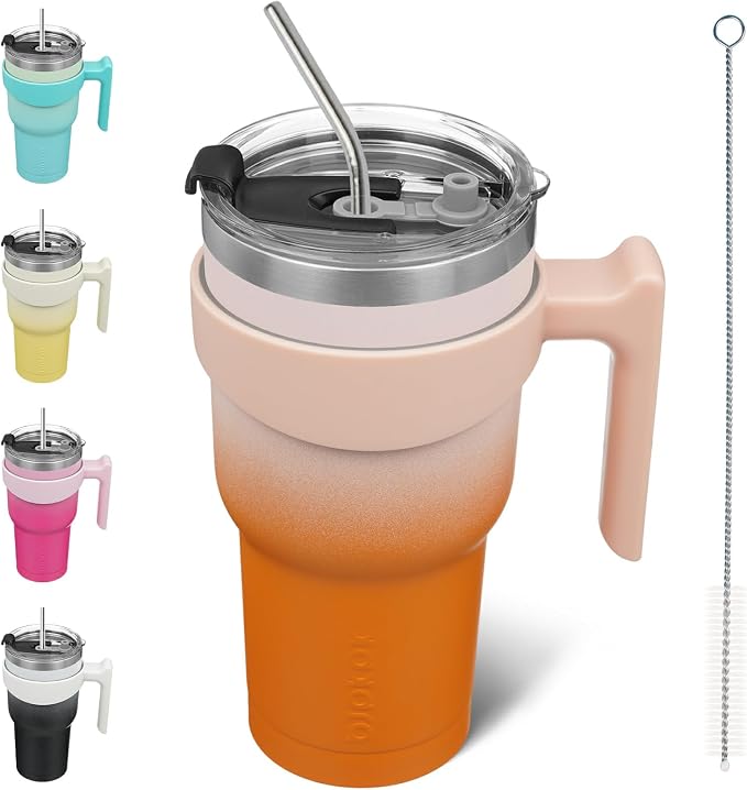 BJPKPK 30 oz Tumbler with Handle & Straw, Insulated Stainless Steel Mug | Double Wall Vacuum, Keeps Hot/Cold, Thermal Cup, BPA Free, Dishwasher Safe, Cupholder Fit, Coffee & Travel, Coral