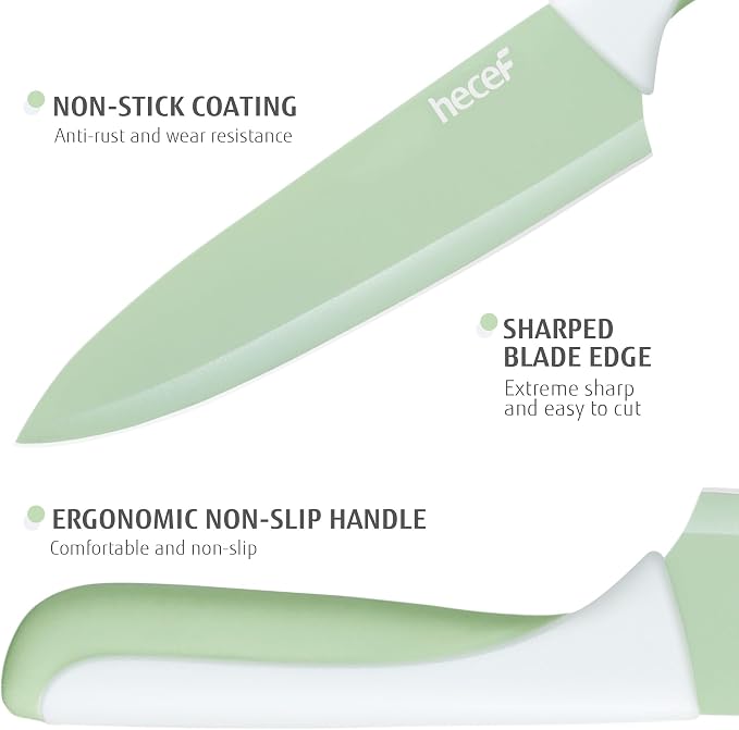 hecef 15 Pieces Green Kitchen Knife Set, Built-in Sharpening Wooden Block | Dishwasher Safe, High Carbon Stainless Steel, Includes Steak Knives & Kitchen Scissors