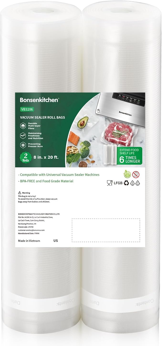 Bonsenkitchen Vacuum Food Sealer Rolls Bags for Food, 2 Packs 8 in x 20 ft | BPA-free, Heavy-duty Small Vacuum Seal Bags, Durable Commercial Customized size for Storage and Sous Vide Cooking, VB3206