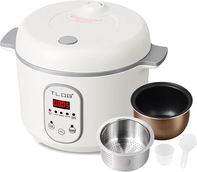 TLOG Low Carb Rice Cooker, 4-Cup Uncooked, 2L, 5 Presets, 24H Timer | 304 stainless steel steamer basket, automatic keep warm, low-sugar cooking, for rice, grains and everyday meal prep
