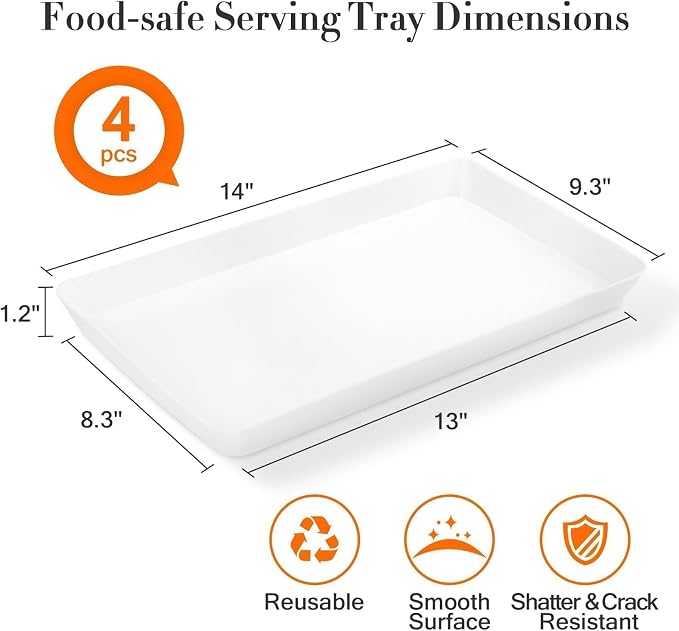 WOWBOX 4-Pack Reusable Plastic Serving Trays for Snacks, Fruit and Parties | Kitchen Pantry Organization, Grilling Prep, Food Presentation, Everyday Dining, Holiday Hosting and Outdoor Entertaining