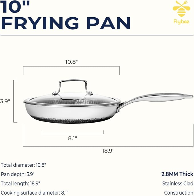 10 Inch Hybrid Nonstick Frying Pan with Lid, Tri-Ply Stainless Steel Pan with Non-Toxic Ceramic Coating, FDA Compliant & PFAS-Free, Dishwasher & Oven Safe, Induction & All Cooktops Compatible