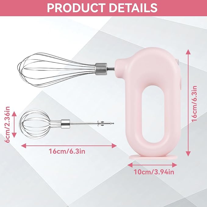 4 Speed Electric Hand Mixer, Mini 4 Speed Adjustable Cordless USB Rechargeable Electric Whisk Hand Mixer Portable Handheld Mixer 1500mAh Egg Beater (Pink)