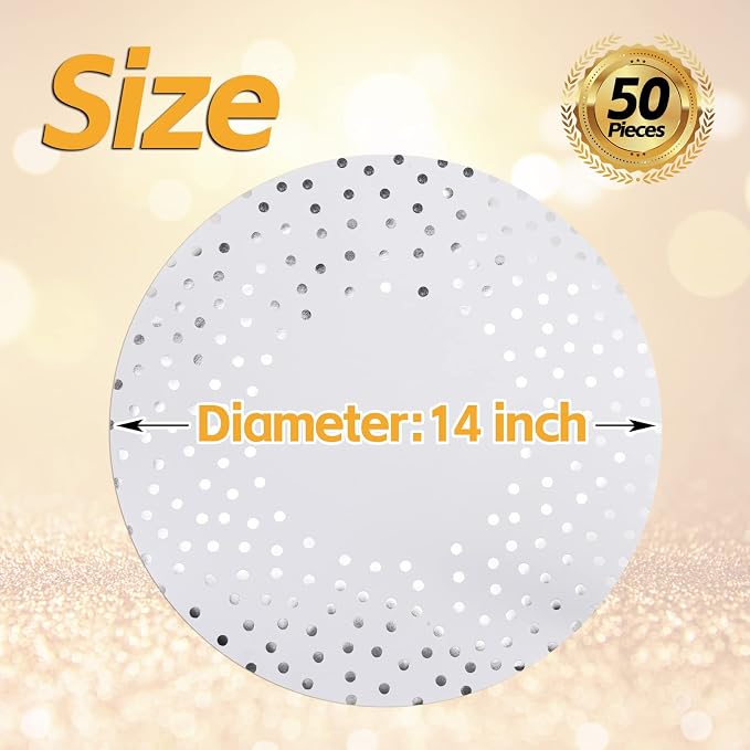 50 Pcs 14 Inch White and Silver Foil Paper Place Mats Silver Polka Dots Round Placemats Disposable Decorative Table Mats for Wedding Banquet Party Home Dining Table Decor