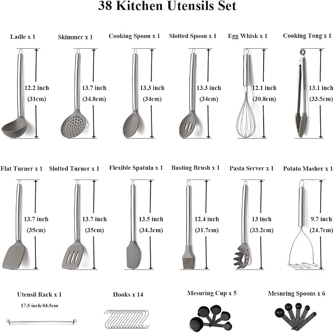 38 Piece Silicone kitchen Cooking Utensils Set with Utensil Rack, Silicone Head and Stainless Steel Handle Cookware, Kitchen Tools for Utensil Sets, Non-Stick kitchen Gadgets, Dishwasher Safe(Silver)
