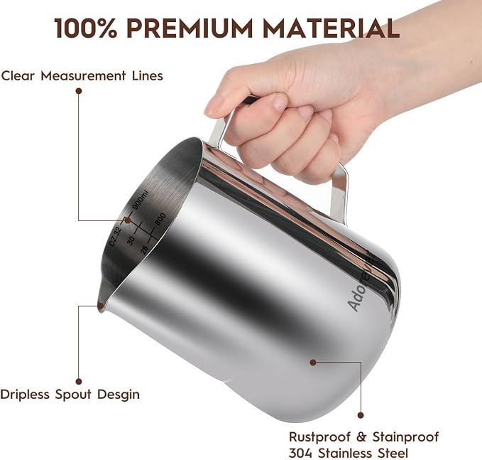 Milk Frothing Pitcher, 32oz Steaming Pitcher Stainless Steel Espresso Machine Accessories for Coffee Bar, Cappuccino Barista Tools Milk Jug Steamer Frother Cup with Decorating Latte Art Pen