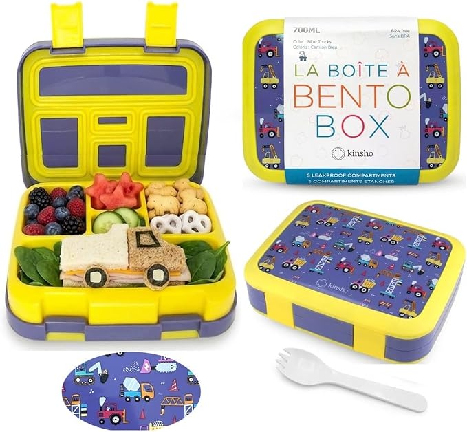 kinsho Bento Lunch Box Container for Small Kids Boys, Blue Yellow Trucks | 5 Portion Sections, BPA-Free Spill-Proof Leakproof Removable Plastic Tray, Snacks and Lunches for Toddlers Pre-School Daycare