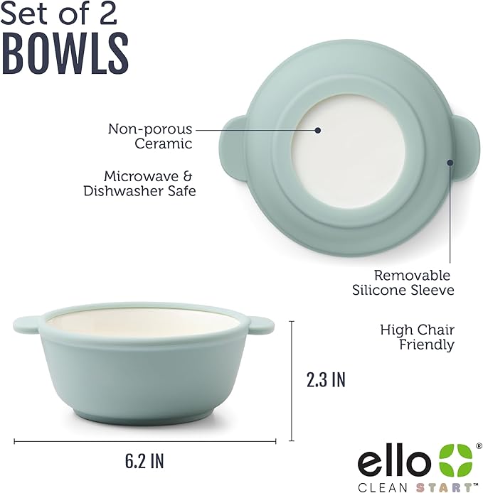 Ello Clean Start Ceramic Toddler Bowls with Sleeves, 2 Pack, Dewdrop/Grayed Jade