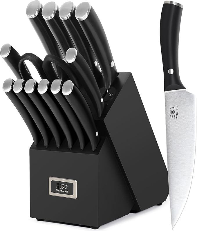Professional Kitchen Knife Set, 15 Pcs Sharp Kitchen Knife Set with Built-In Knife Sharpener, Dishwasher Safe, German Stainless Steel Knife Block Set for Home Kitchen Gifts, Black