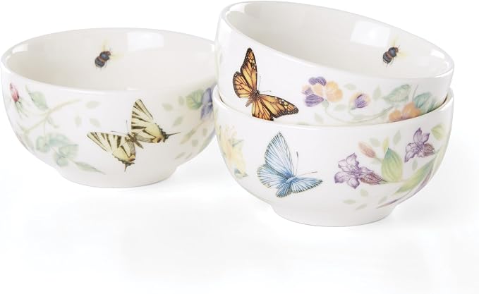 Lenox Butterfly Meadow Porcelain 3-Piece Mini Bowl Set for 1, 8oz | dishwasher safe | plates and bowls sets for kitchen and dining | 8oz capacity, . inch diameter, gift for women