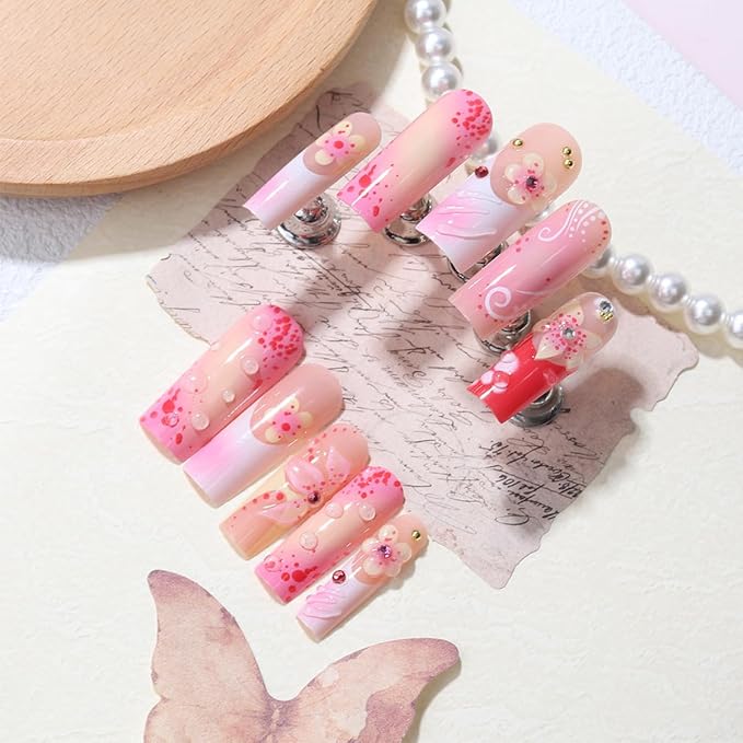 24Pcs Long Coffin Press On Nails Pink Gradient Fake Nails with 3D Flower& Rhinestone Design Summer Glue On Nails Acrylic Nail Tips False Nails Full Cover French Tip Stick on Nails for Women Manicure