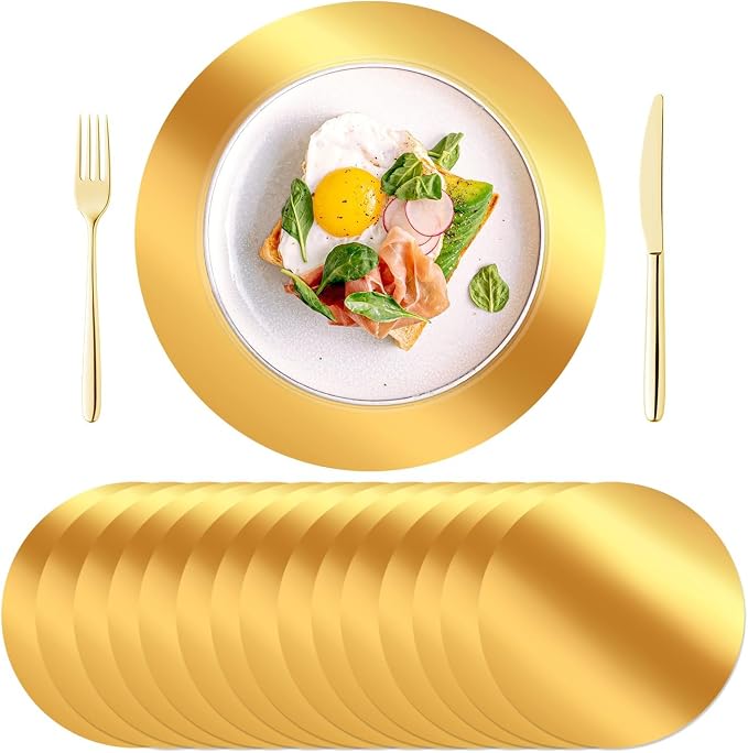 100PCS 13in Round Gold Placemats, Disposable Paper Chargers Plate | Paper Placemats for Dining Table, Mirrored Gold Charger Placemat for Kitchen Banquet Table Setting Wedding Birthday Party