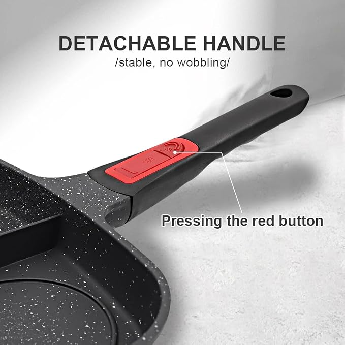 3 in 1 Grill Pan for Stove Tops with Detachable Handle, Nonstick Versatile Griddle Divided Pan, Square Skillet PFOA Free, Black