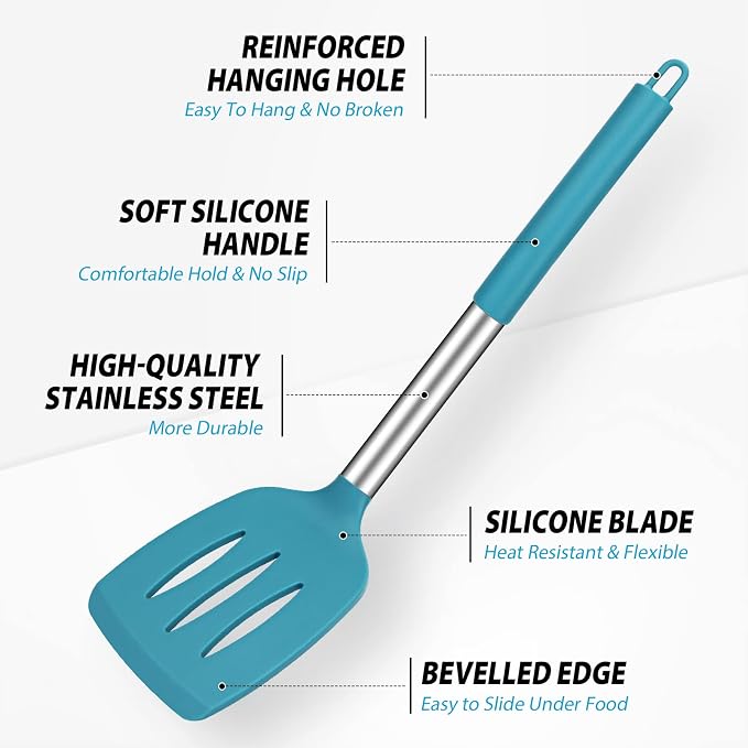 Large Silicone Cooking Spatulas and Spoons, BPA Free, 4 Pack (Blue) | Slotted & Solid Stainless Steel Cooking Utensils Set, Non-stick Heat Resistant Kitchen for Baking, Fried, Stir-Fry, Serving