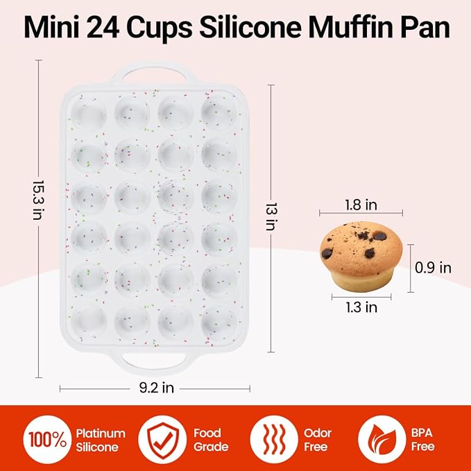 CAKETIME Silicone Mini Muffin Pan, Metal Reinforced Frame 24 Cups Cupcake Pan with Handle Nonstick for Baking Muffins, Cupcakes, Egg Bites