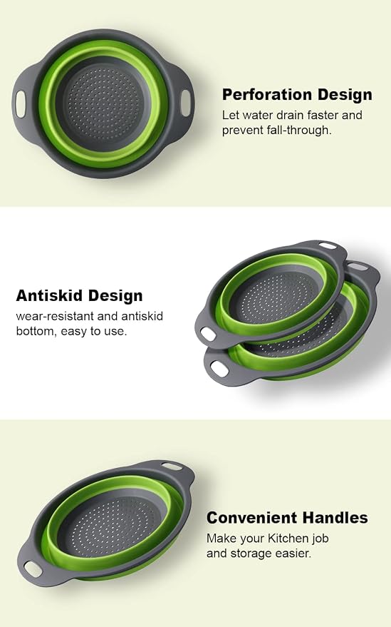 Collapsible Colander Set - 2 Pc Strainer Plus Food Grade Silicone Measuring Cups and Spoons - Pasta Strainer for Draining, Vegetables, Fruits 1 Medium 4-Quart & 1 Small 2-Quart - Home Essentials