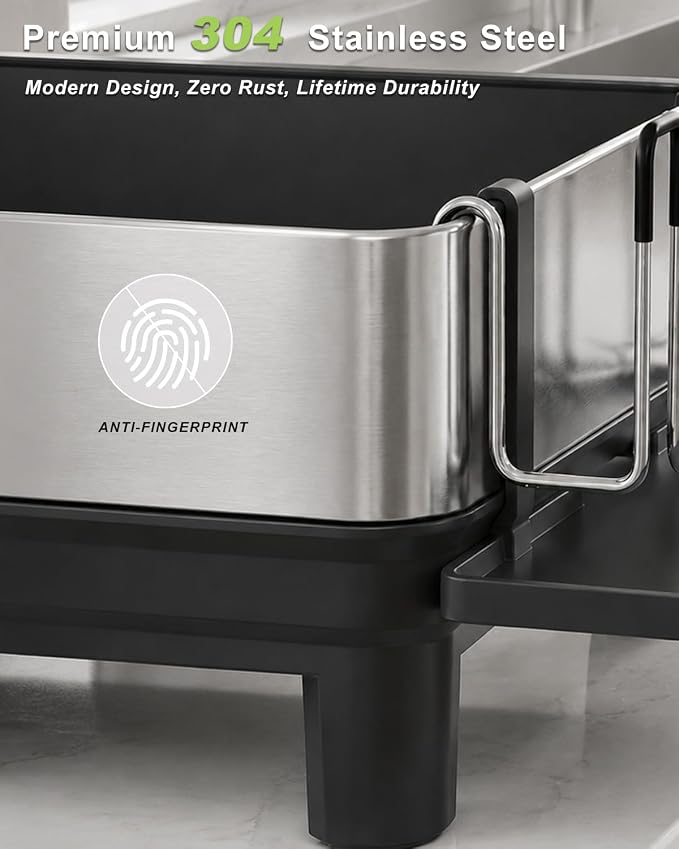 304 Stainless Steel Dish Drying Rack for Kitchen Counter, Black | Large Capacity Rustproof Dish Rack with Auto Drain Spout, Removable Utensil & Cup Holders, Drainboard Set