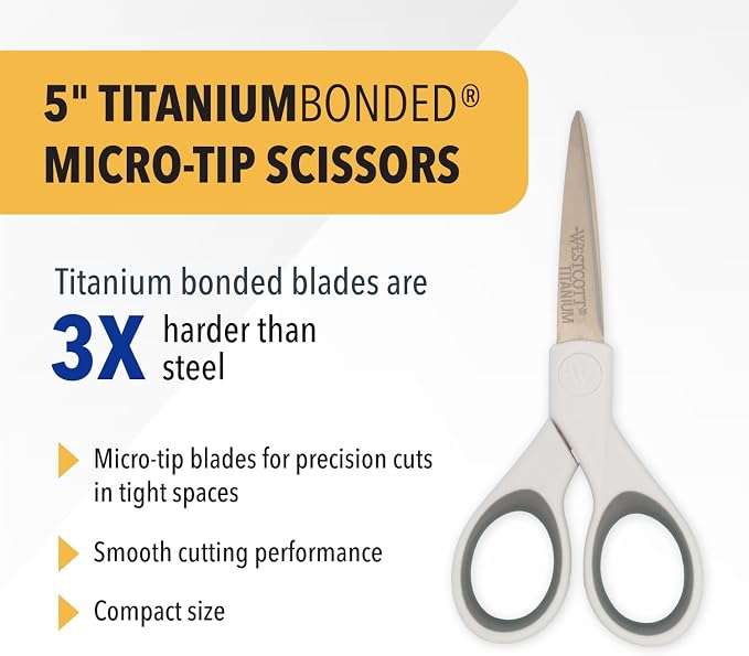 Westcott 5-Inch Micro-Tip Fabric Scissors with Titanium-Bonded Blades - Craft Scissors for Paper and Fabric, Sewing, and More