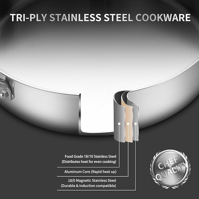 Yeksum Saute Pan with Lid, 5 Quart Tri-Ply Stainless Steel Saute Pan, 12inch Deep Frying Pan with Lid, Large Skillet, Rondeau Pot Compatible with All Cooktops Up to 600℉