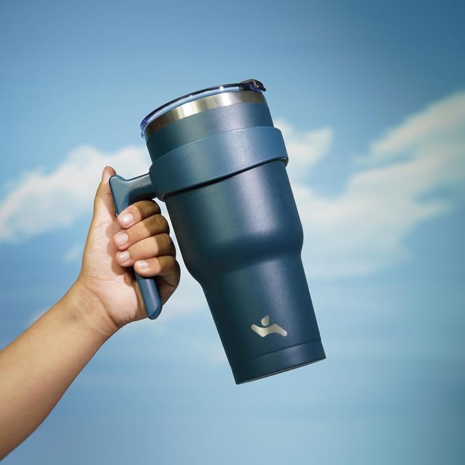Konokyo 30 oz Tumbler with Handle and Straw, Insulated Travel Mug | Navy Blue; BPA-free, leak-proof tumbler with 2 lids, 2 straws, cup holder fit for coffee, office, travel & daily use