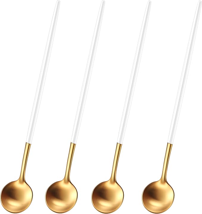 9 Inches Satin Gold Stainless Steel 18/10 Iced Teaspoons With White Handle,Set Of 4 Latte Spoons,Long Handle Coffee Stirring Spoons,Sundae Spoon For Mixing Cocktail Spoon